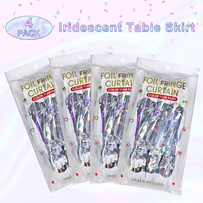 4 Pack Iridescent Table Skirt, Metallic Foil Fringe Tinsel Table Skirts - Image 3
