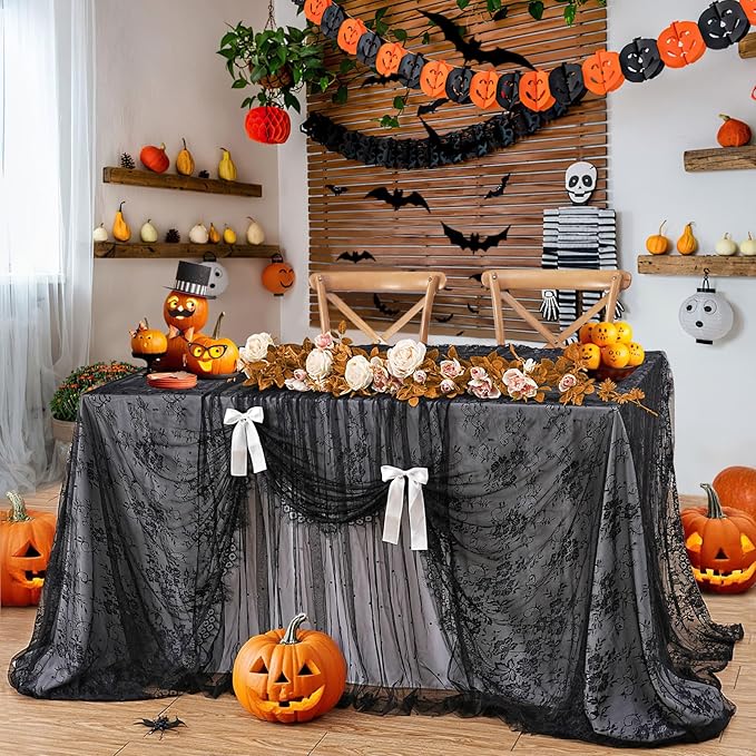 Black Tablecloth Halloween Lace Table Fabric 2pcs 60x120 Inch - Image 2