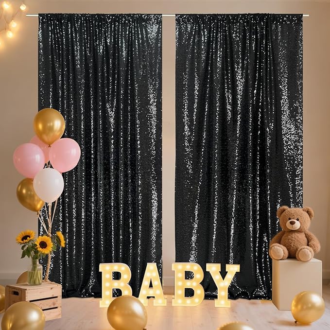 SquarePie Sequin Backdrop Curtain 8FT x 10FT Black Satin Backing Fabric - Image 5
