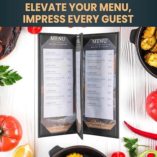 12 Pack 4 View Menu Holder Menu Covers 4.25" x 11" | Black Leather Menu Sleeves - Image 5