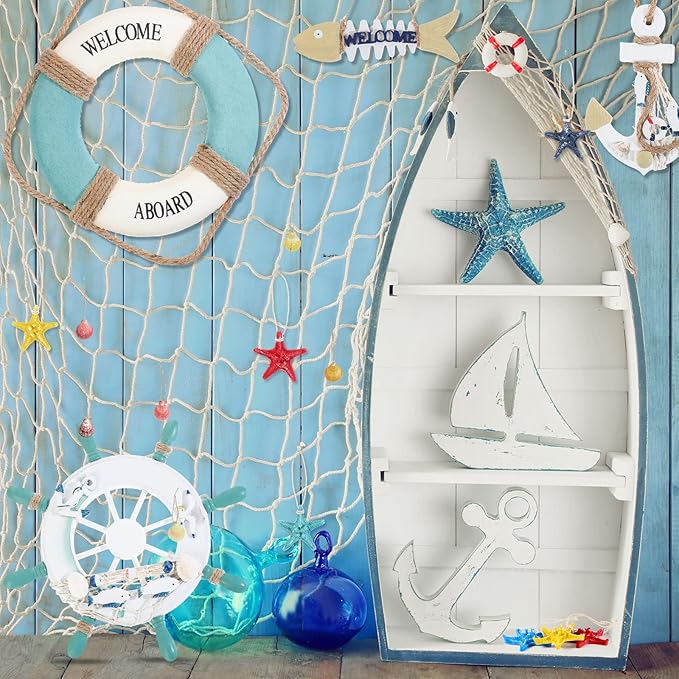 11 Pcs Wooden Nautical Wall Decor Fishing Net Decorations, Include Decorative - Image 5
