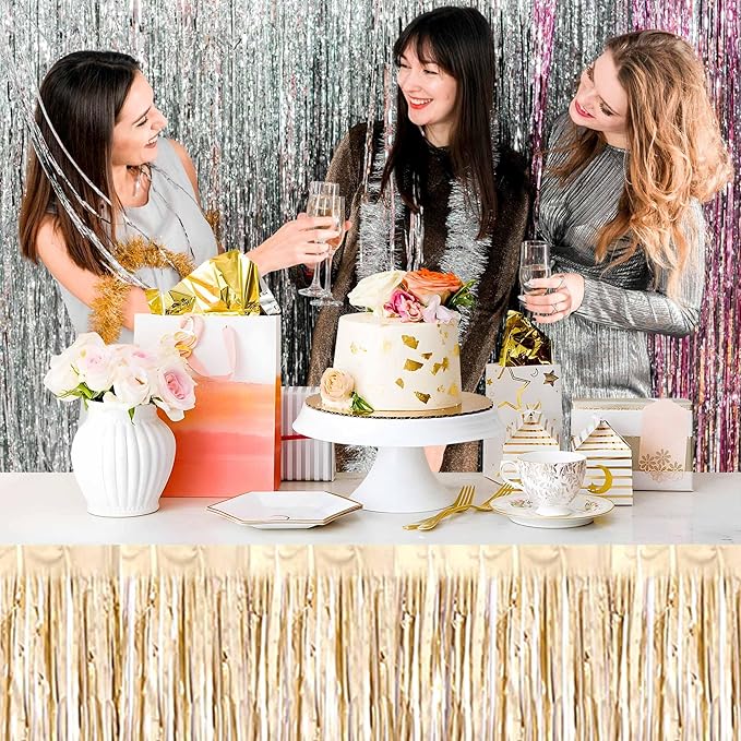 3 Pack 29 x108 Inch Champagne Gold Foil Fringe Table Skirts Metallic Banner - Image 7
