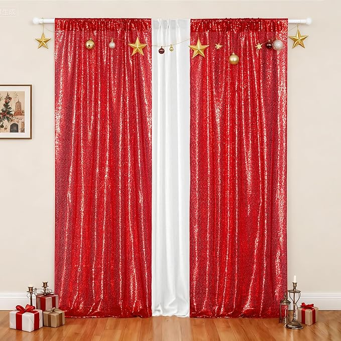 Poise3EHome 2Pcs 2Ft x 8Ft Red Sequin Backdrop Curtains, Glitter Photography - Image 7