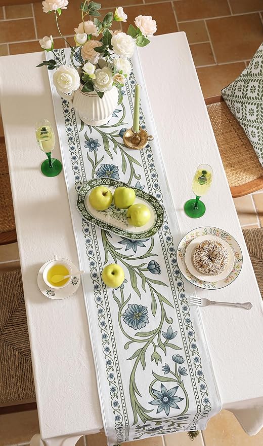 ISAENNE Designer Elegant Linen Table Runner 87 Inches Long, Vintage Blue Floral - Image 7