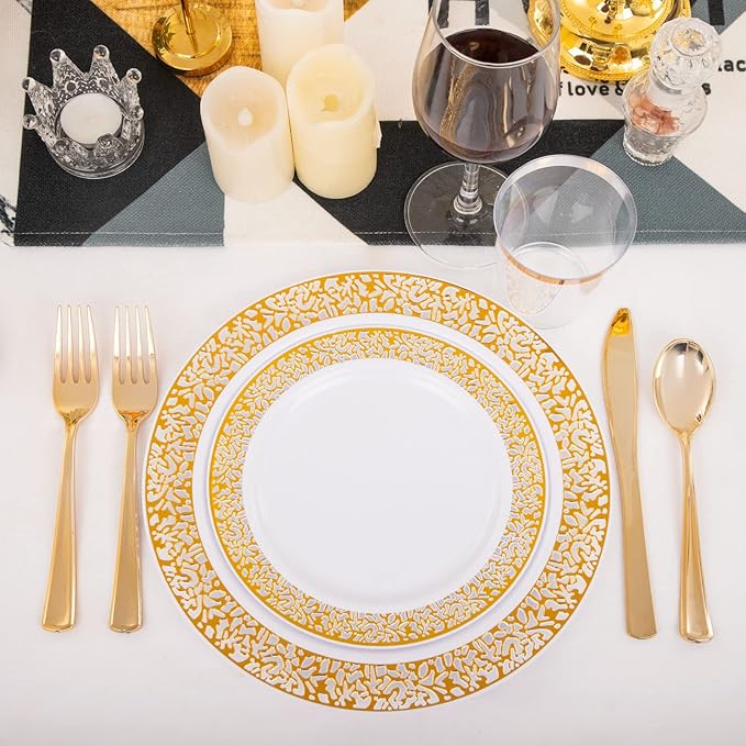 WELLIFE 175 PCS Gold Plastic Plates, Includes: 25 Dinner plates, 25 Salad Plates - Image 3