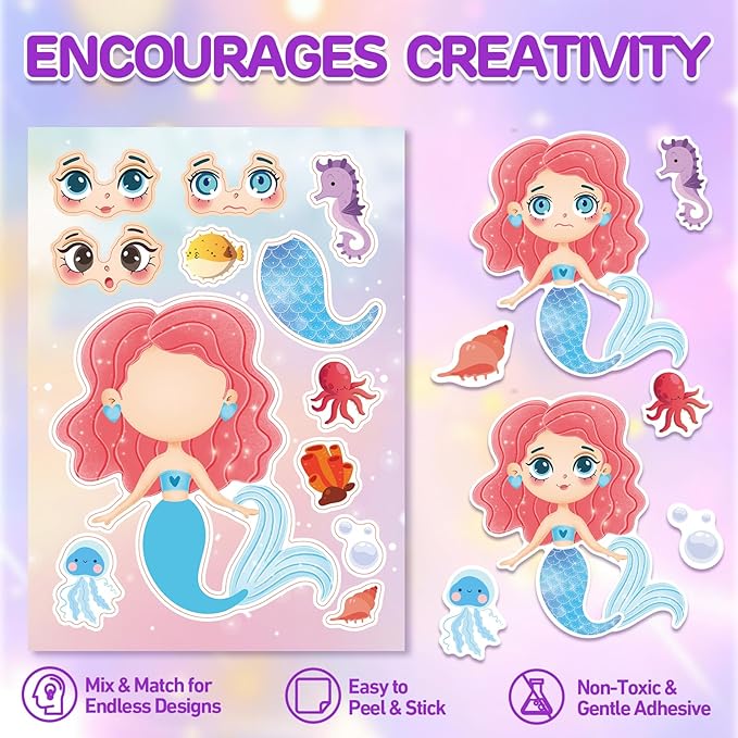 Aowplc 32 Sheets Mermaid Make‑A‑Face Stickers - Image 3