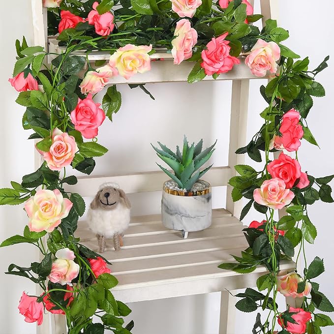 JUSTOYOU Artificial Rose Garland Vines Pink Flowers Hanging Silk Rose Vine - Image 4