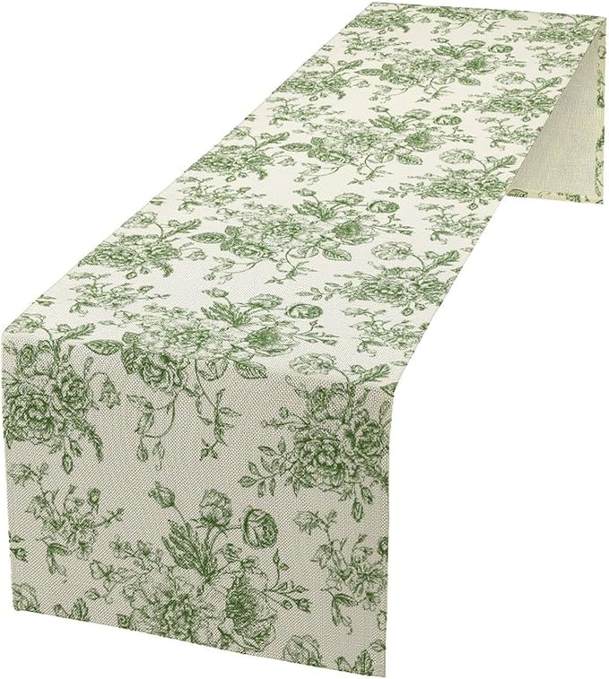 Vintage Flower Table Runner, Wildfloral Green Floral Sketch Pattern Print Table by Unknown