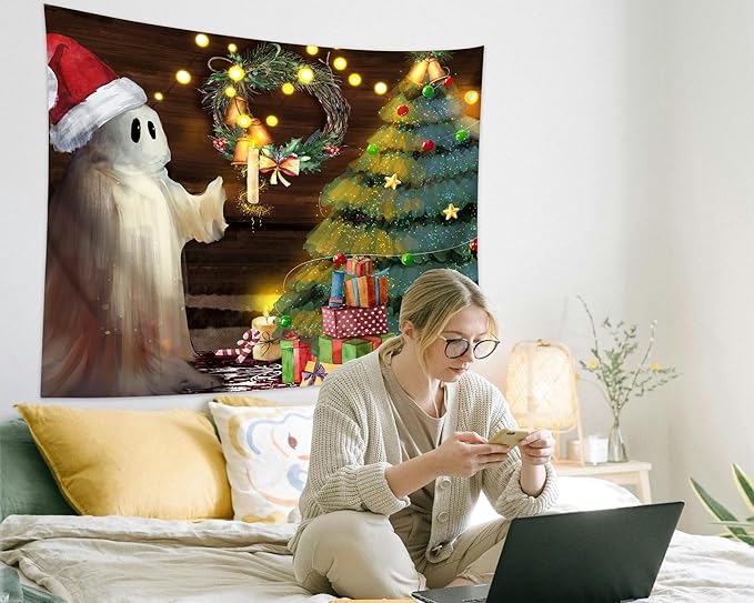 QGHOT Christmas Tapestry Wall Hanging Christmas Tree Backdrop Cute Ghost Wall - Image 3