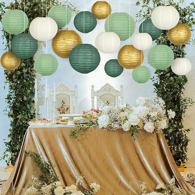 ADLKGG Sage Green Gold Paper Lanterns Decorative, Round Hanging Paper Lanterns - Image 5