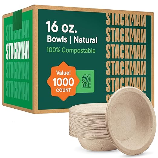 100% Compostable Paper Bowls 16 oz. Heavy-Duty Soup Bowls by StackMan