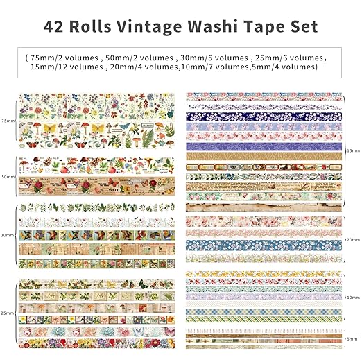 42 Rolls Vintage Washi Tape Set, Floral Letter Butterfly Mushroom Botanical - Image 2
