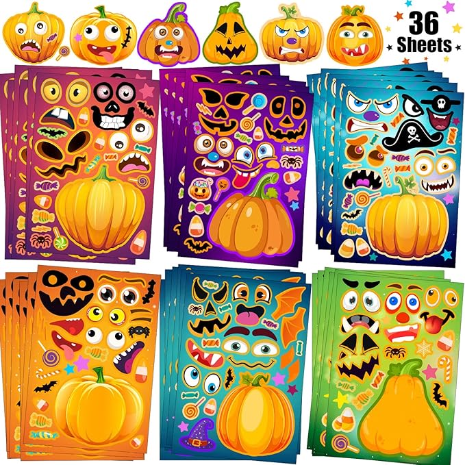 36 Sheets Halloween Stickers for Kids, Make A Pumpkin Face Stickers, Halloween by SWARKOL