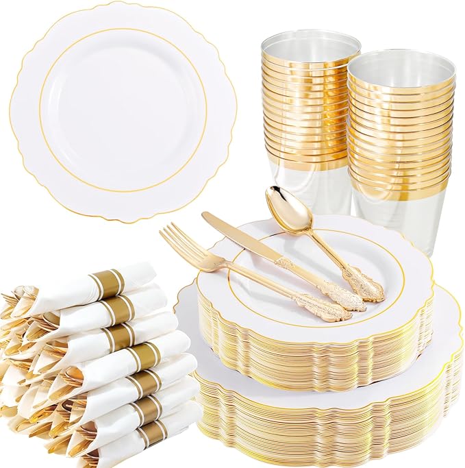 Liacere 350PCS Gold Plastic Plates-Disposable White and Gold Plates 50guest by Liacere
