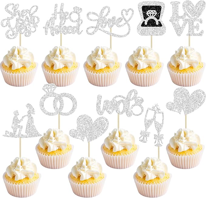 Ephlyn 30Pcs He Asked She Said Yes Cupcake Toppers Glitter Engagement Cupcake by Ephlyn
