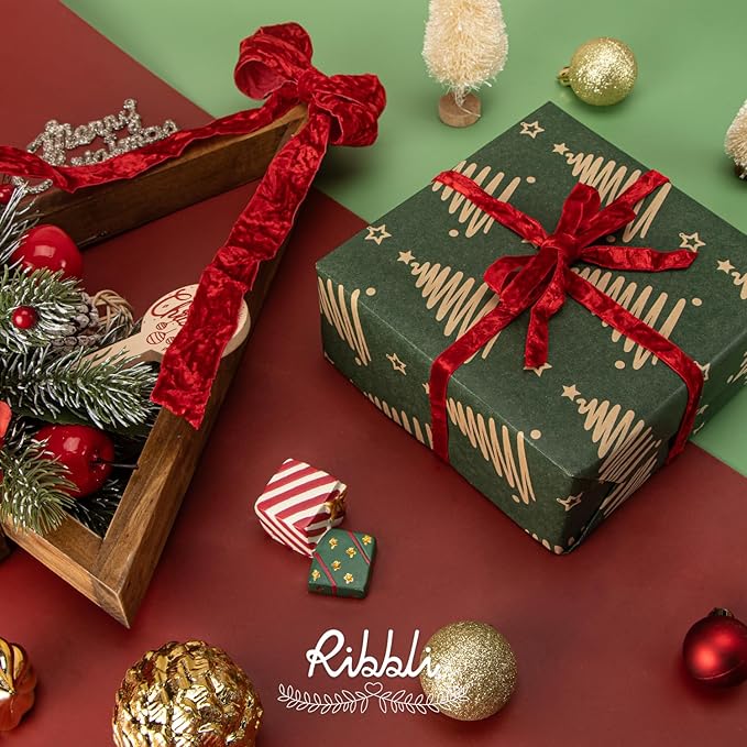 Ribbli Red Velvet Ribbon 1 Inches Luxury Crinkled Red Christmas Ribbon - Image 3