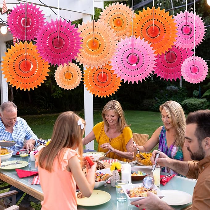 Outus 12 Pcs Hanging Honeycomb Paper Fans Sets, Fiesta Pink and Orange Party - Image 6