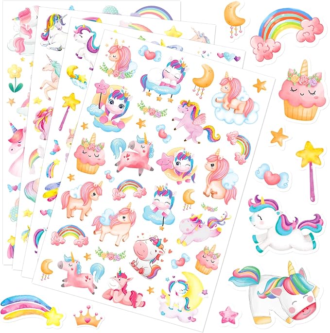 Cute Pink Unicorn Adhesive Stickers Rainbow Magical Star Unicorn Stickers 715 by MoShining