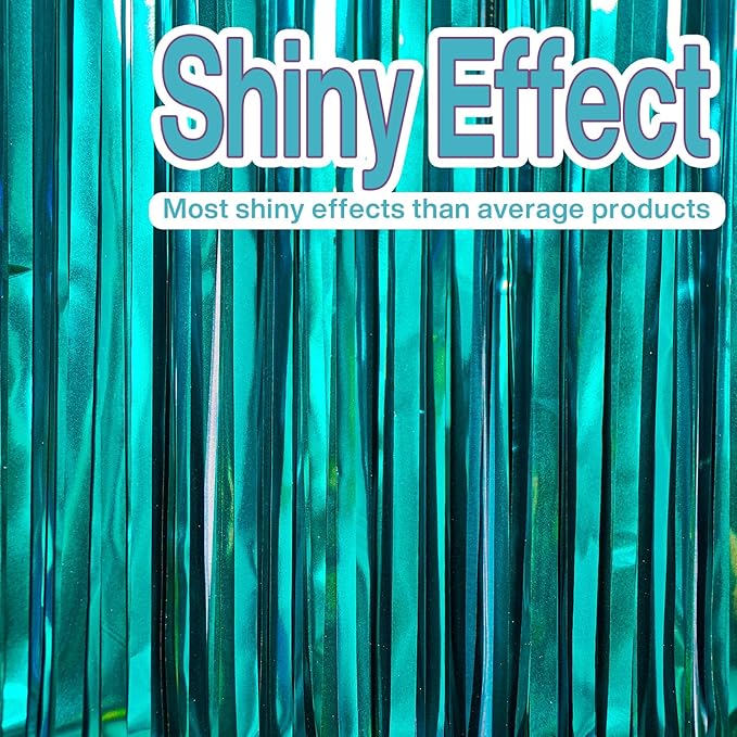 PartyWoo Foil Curtain 2 pcs, 3.3x6.6 ft Metallic Peacock Blue Tinsel Curtains - Image 2