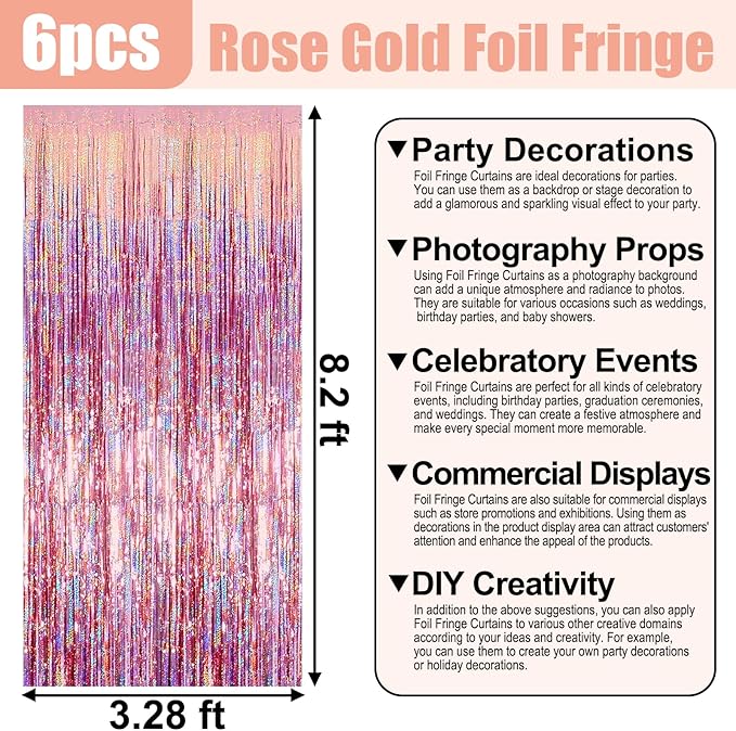 6 Pack Rose Gold Foil Fringe Curtain Backdrop, 3.28Ft x 8.2Ft Metallic Tinsel - Image 2