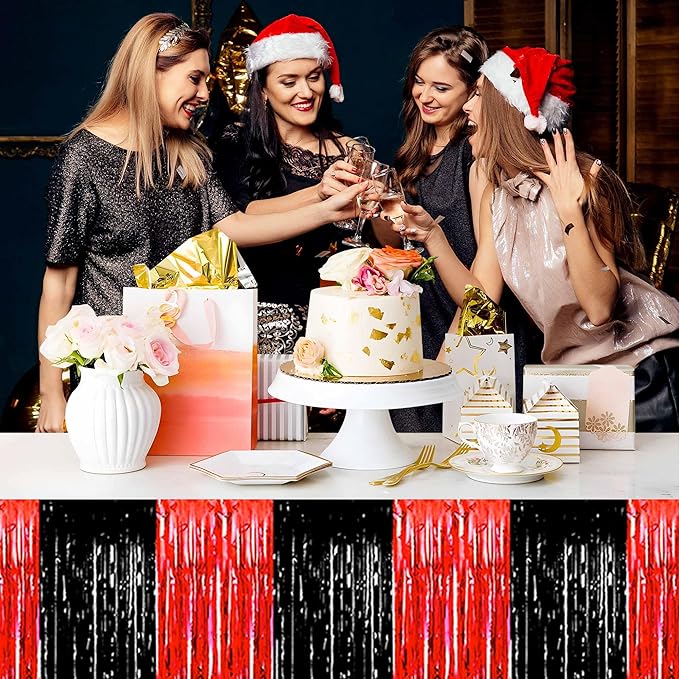 3 Pack Black and Red Foil Fringe Table Skirts Metallic Tinsel Streamers Garland - Image 4