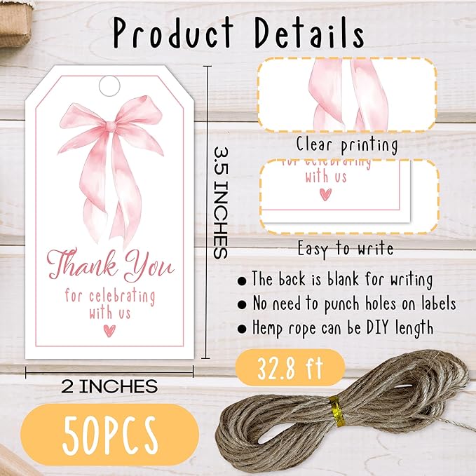 Thank You Label with String, 2x3.5 Inch Pink Bow Gift Tags, Thank You - Image 2