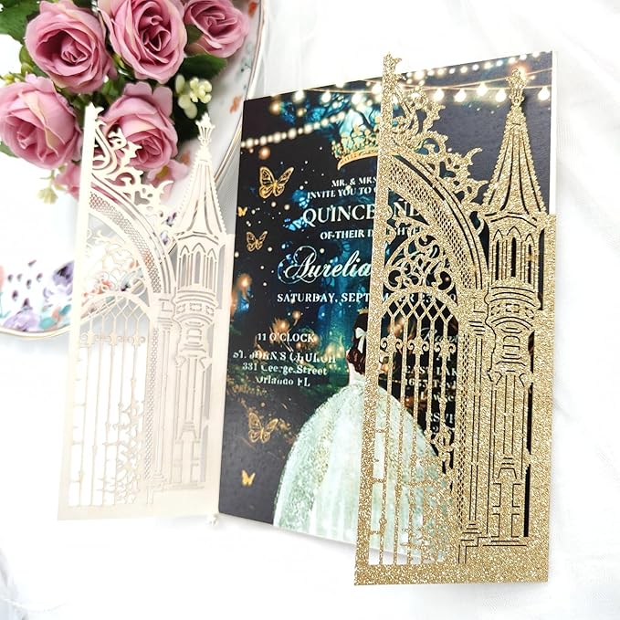 20PCS Laser Cut Wedding Invitations, Wedding Invitation Card Pocket, Quince - Image 4