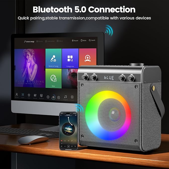 Karaoke Machine with 2 Wireless Microphones, Portable Bluetooth Speaker - Image 5