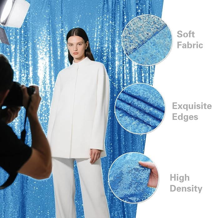 Blue Sequin Backdrop Curtain 4 Pieces 2FTx8FT Glitter Photography Backdrop - Image 4