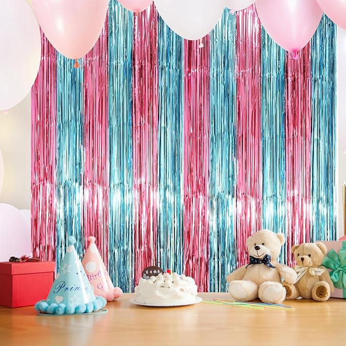 2 Pack Blue and Pink Foil Fringe Backdrop Curtains, Tinsel Streamers Mermaid - Image 7