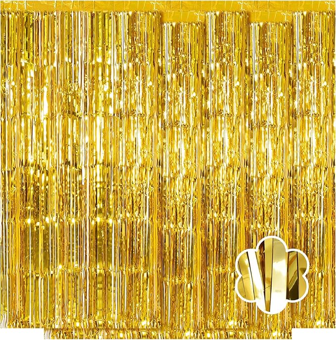 5 Pack Gold Foil Curtain Backdrop 3.2ft x 9.8ft Metallic Tinsel Foil Fringe by Ohiyoo