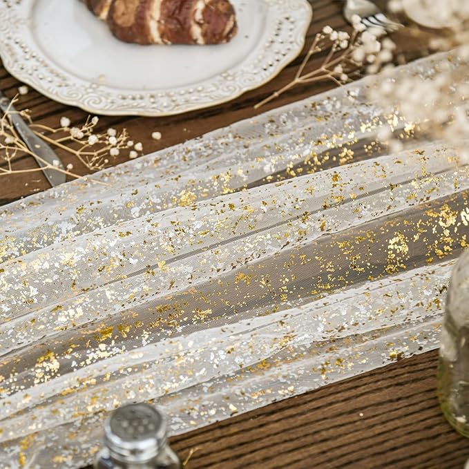 Artoid Mode 3Pcs Beige Gold Gauze Table Runner 120 Inch 10FT, Glitter Metallic - Image 3