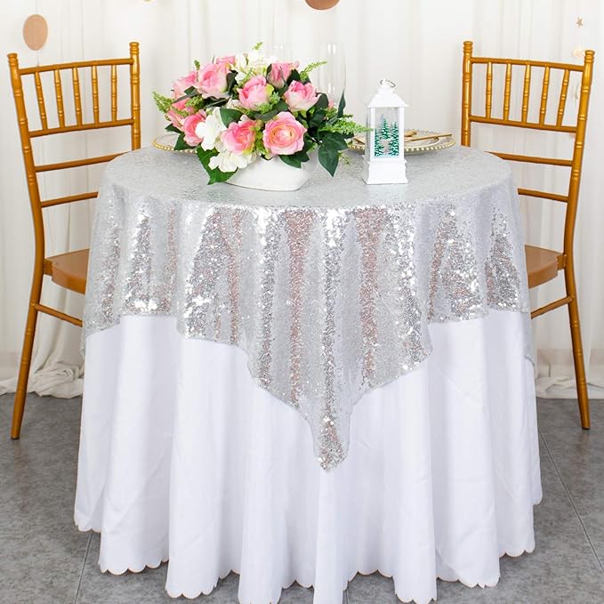 ShinyBeauty Sequin Tablecloth 36x36-Inch-Silver Square Glitter Table Cover by ShinyBeauty