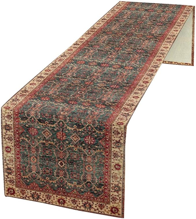 Vintage Boho Floral Table Runner, Rustic Country Farmhouse Red Teal Retro by Unknown