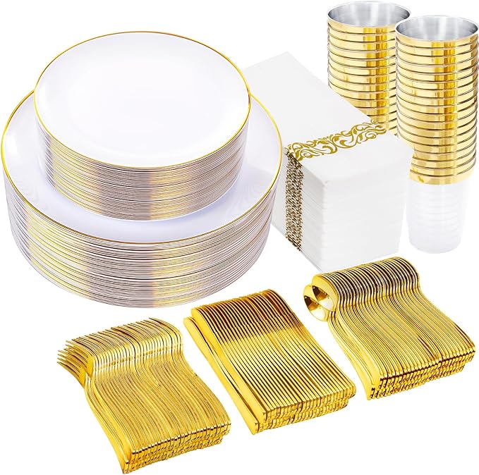 Supernal 350pcs White and Gold Plastic Plates, 150 Gold Silverware Set by supernal