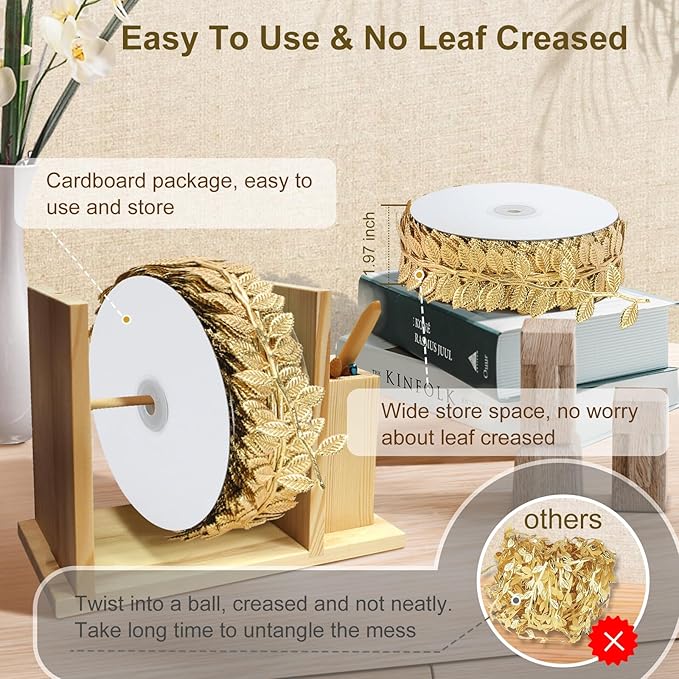Naidiler Gold Leaf Ribbon, 20 Yards Artificial Gold Leaf Trim - Image 5