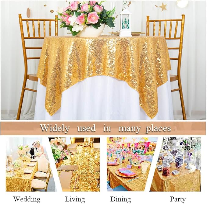 ShinyBeauty Gold Tablecloths 36X36 Inch, 2 Pieces Sequin Table Cloth - Image 5