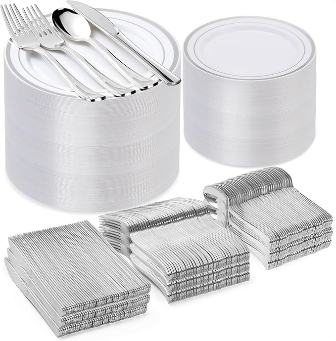 600PCS Silver Plastic Plate Set, Disposable Plates by Bestvip