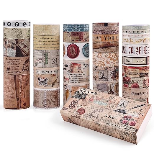 34 Rolls Vintage Washi Tape Set, Letter Map Stamp Stripe Literature Art - Image 2