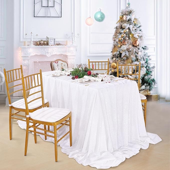 QueenDream White Wedding Tablecloth 90x90 Inch Sequin Fabric Table Cloths - Image 5