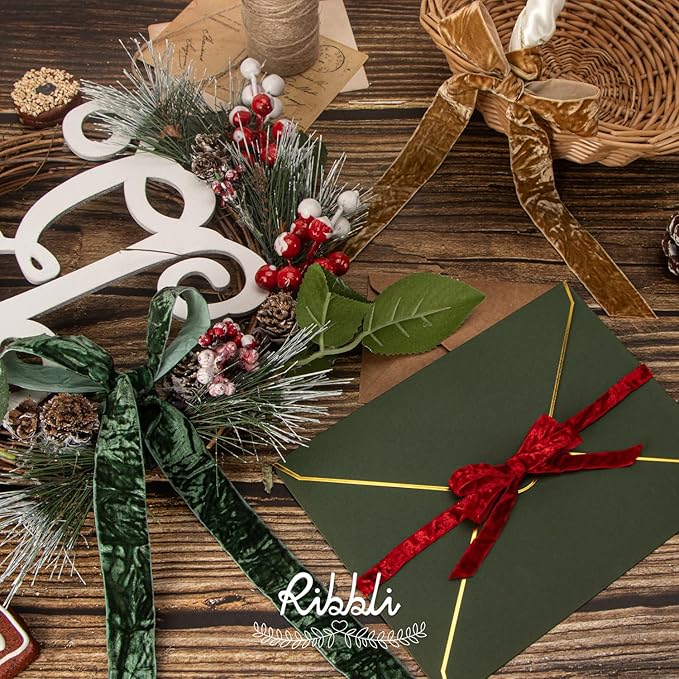 Ribbli Forest Green Velvet Ribbon 3/8 Inches Luxury Crinkled Green Christmas - Image 4
