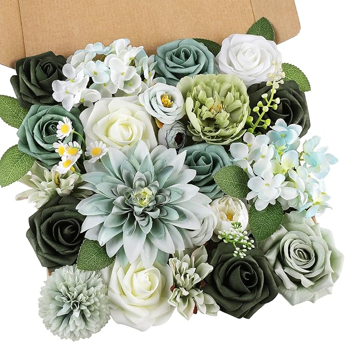 AmyHomie Forest Sage Green White Artificial Flowers Combo Silk Rose Fake by AmyHomie