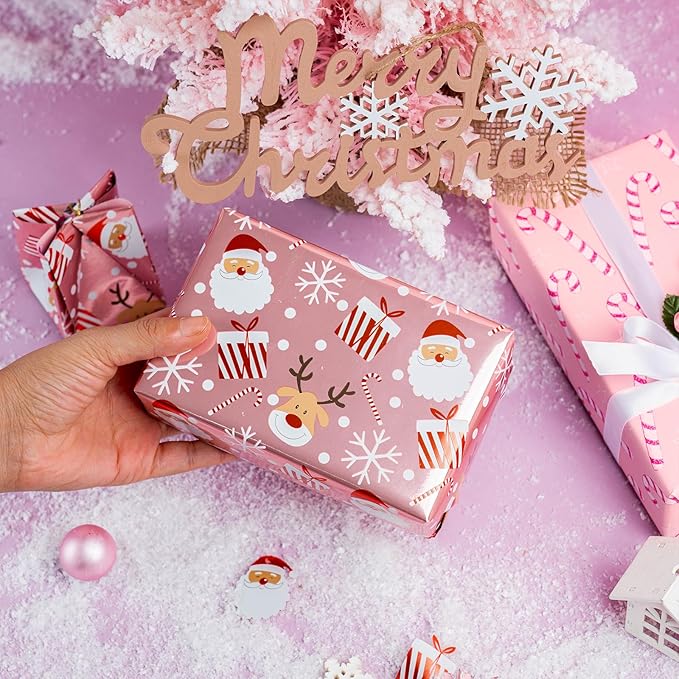LeZakaa Christmas Pink Wrapping Paper Mini Roll, Santa Claus & Candy Cane - Image 4