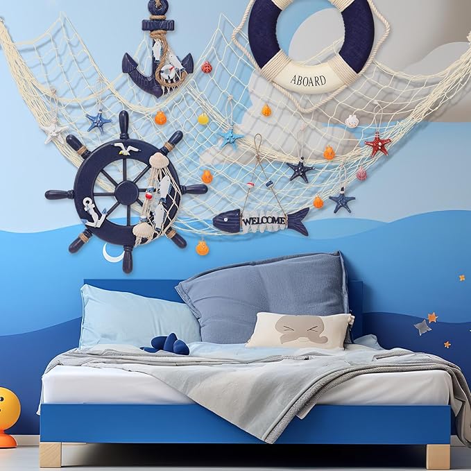 Marsui 11 Pcs Wooden Nautical Wall Decor Fishing Net Decoration, Include - Image 5