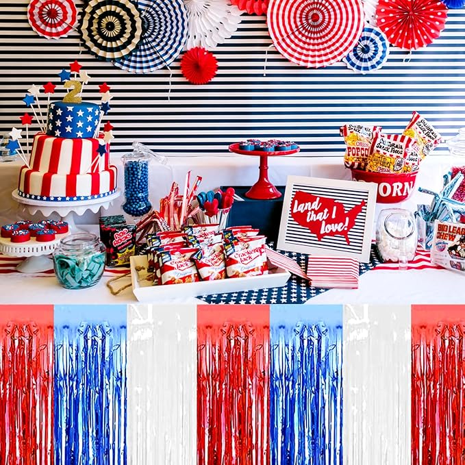 3 Pack 29 x108 Inch White Blue Red Foil Fringe Table Skirts Metallic Banner - Image 4