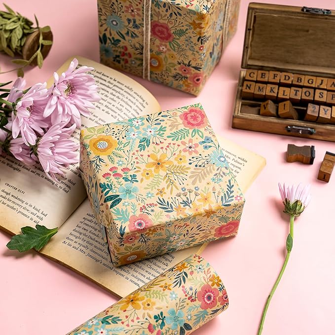 WRAPAHOLIC 30 Inch Jumbo Kraft Floral Wrapping Paper Roll - Image 6