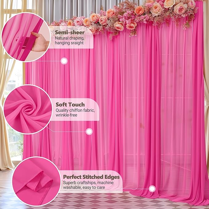 10ft x 10ft Hot Pink Backdrop Curtains, Wrinkle-Free Sheer Chiffon Fabric Photo - Image 5