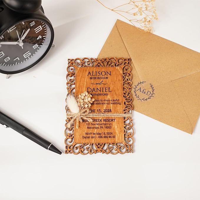 Personalized Wedding Invitations, Laser Cut Wedding Invitation, Flower Wooden - Image 8