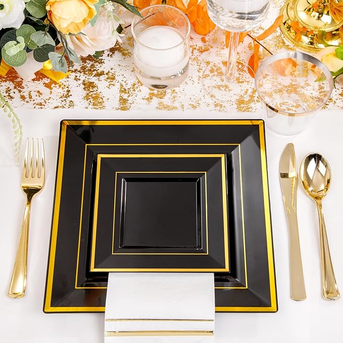Festiva 350Pcs Black and Gold Plastic Plates-50Guests Disposable Square Black - Image 7