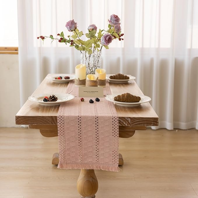 Boho Pink Table Runner for Home Decor 12x72 Inches Farmhouse Macrame Burlap - Image 5
